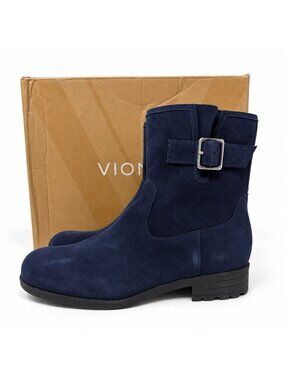Vionic Jill Ankle Boots Womens 7 Navy Suede Arch Support Side Zip Low Heel